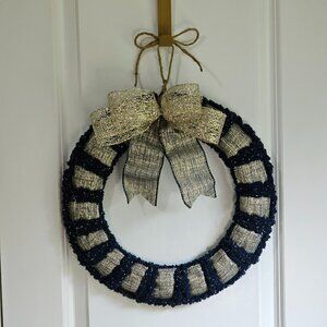 Metallic Accent Gold and Blue Yarn Wreath